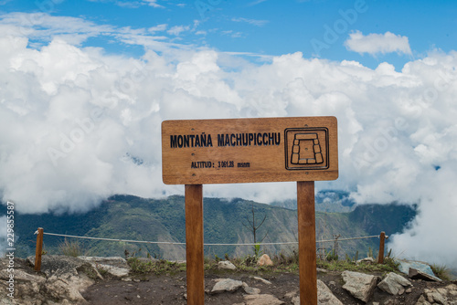 Sign of the pick of Machu Picchu mountain, Perù