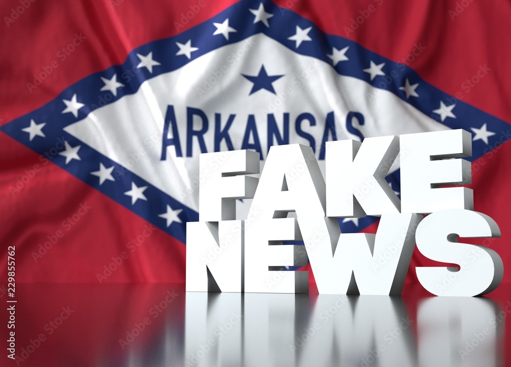 Fototapeta premium 3d render, fake news lettering in front of Realistic Wavy Flag of Arkansas (1913–1923).