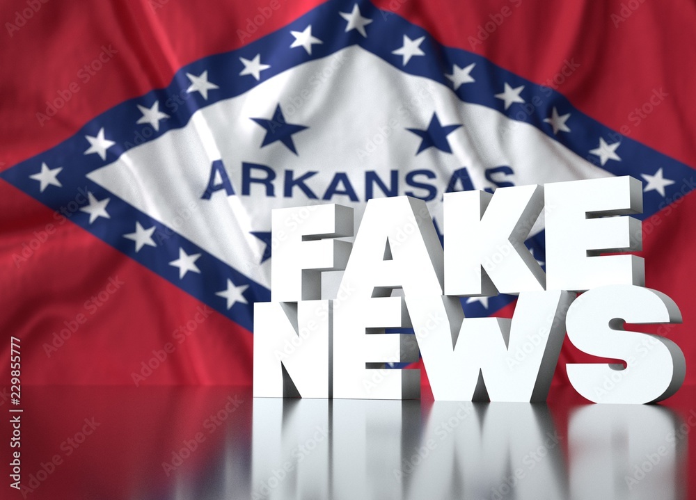 Fototapeta premium 3d render, fake news lettering in front of Realistic Wavy Flag of Arkansas (1923).