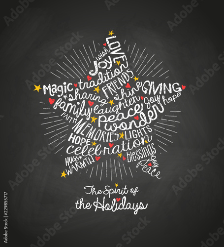 Holiday greeting card with inspiring handwritten words in star shape.  Christmas star card Word Cloud design with blackboard background.