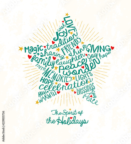 Holiday greeting card with inspiring handwritten words in star shape.  Christmas star card Word Cloud design 