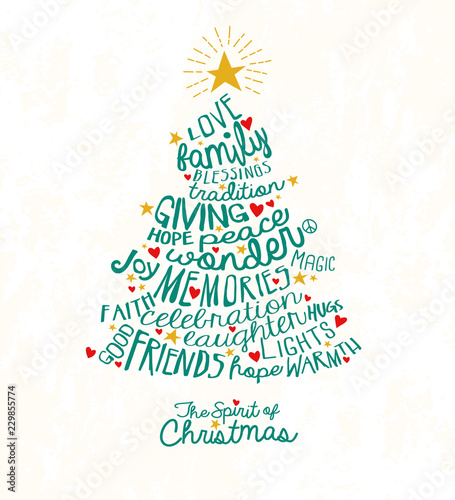 Holiday greeting card with inspiring handwritten words in Christmas tree shape. Word Cloud design.