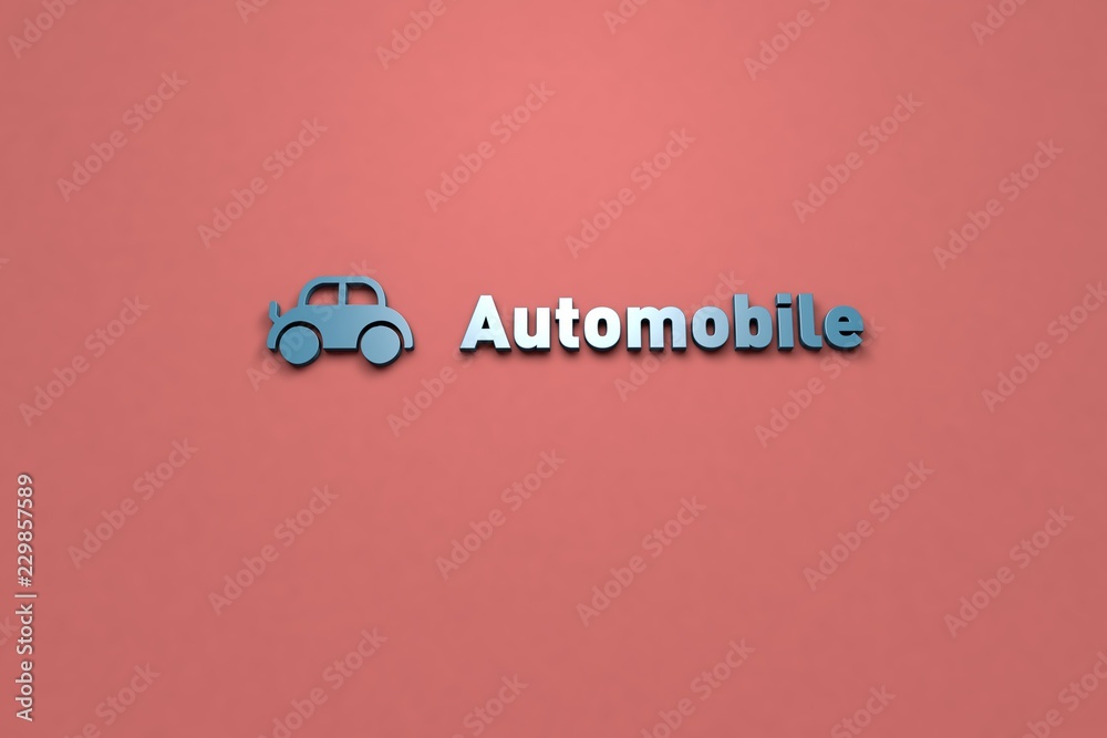 3D illustration of Automobile, blue color and blue text with red background. 3D illustration of Automobile, blue color and blue text with red background.