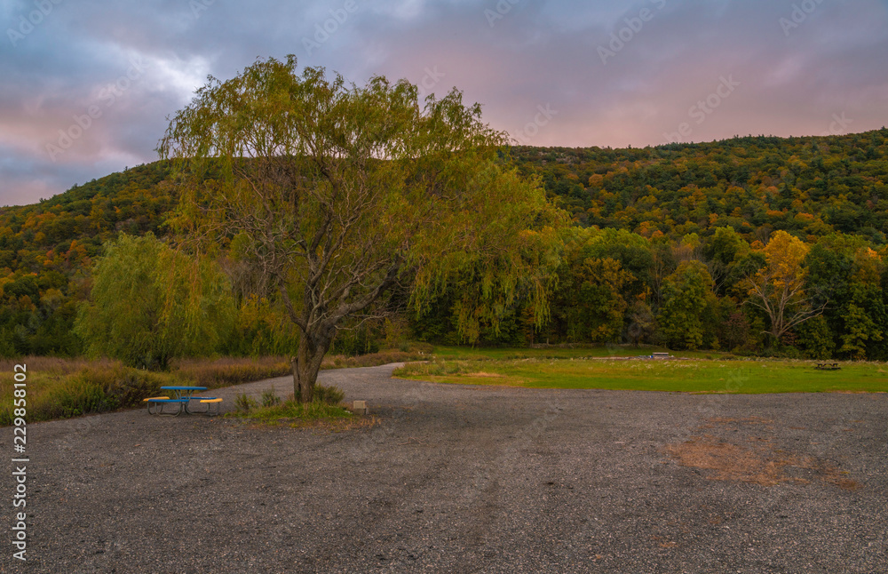 Fototapeta premium Beautiful mountain view on Appalachian trail in Vernon, New Jersey featuring tree and mountains on the background