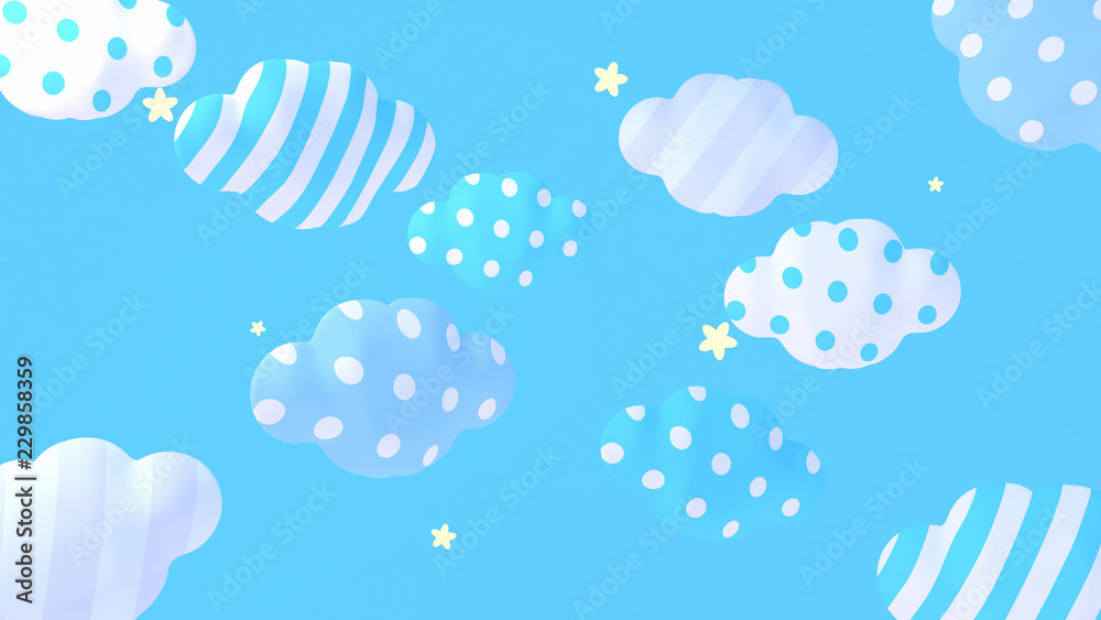Naklejka Śliczne niebieskie kropki i paski tle chmur. Obraz renderowania 3d. (Poziomy)