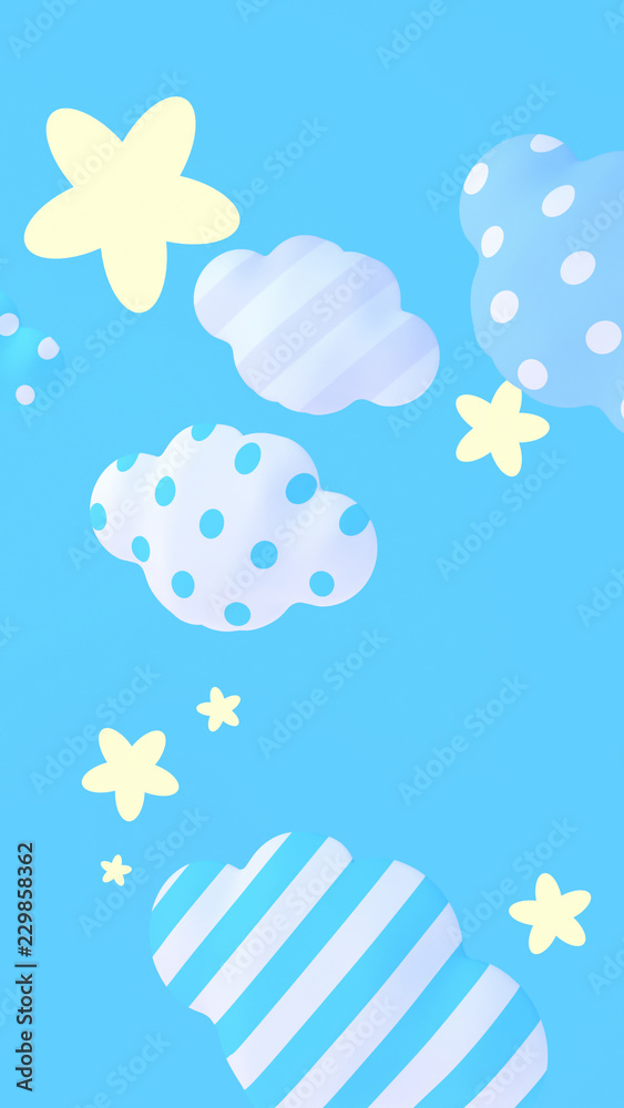 Naklejka Cute blue polka dots and stripes clouds background. 3d rendering picture. (Vertical)