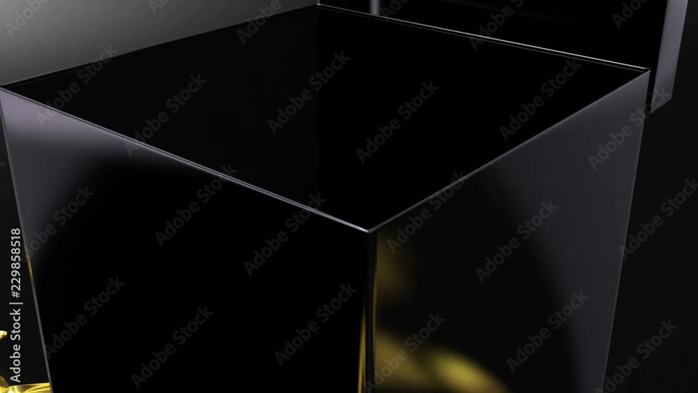Black gift box with ribbon opening. Include alpha and multimatte channel, track points.