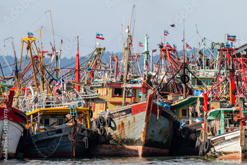 A fleet of fishing boats moored at port in Asia