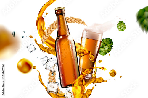 Beer glass with flying ingredients