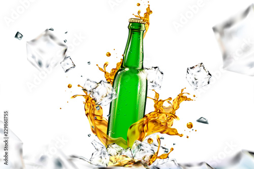 Beer glass bottle with ice cubes