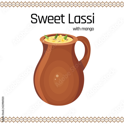 Sweet Lassi with mango, traditional Indian food, vector illustration