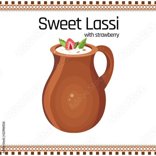Sweet Lassi with strawberry, traditional Indian food, vector illustration
