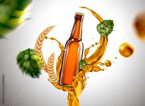 Beer glass with flying ingredients