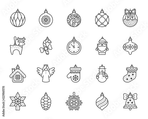 Xmas Tree Decor simple black line icons vector set