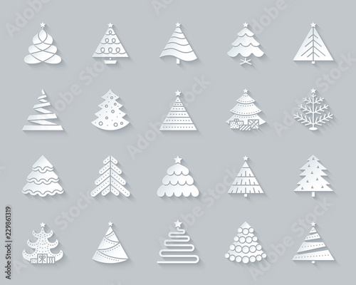 Christmas Tree simple paper cut icons vector set