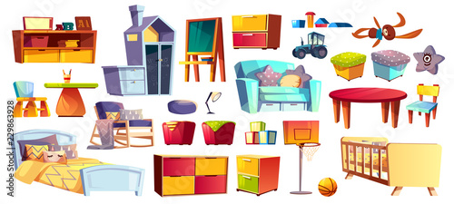Big set of wooden furniture, soft toys and accessories for children room, bedroom cartoon vector illustrations isolated on white background. Kindergarten or nursery interior design elements collection