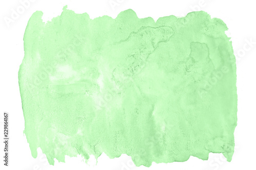 Green pastel watercolor hand-drawn isolated wash stain on white background for text, design. Abstract texture made by brush for wallpaper, label.