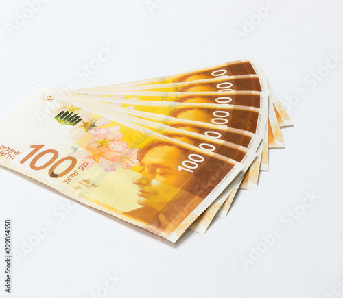 Konstfotografi Several  banknotes of a new type with a portrait of poet Lea Goldberg worth 100