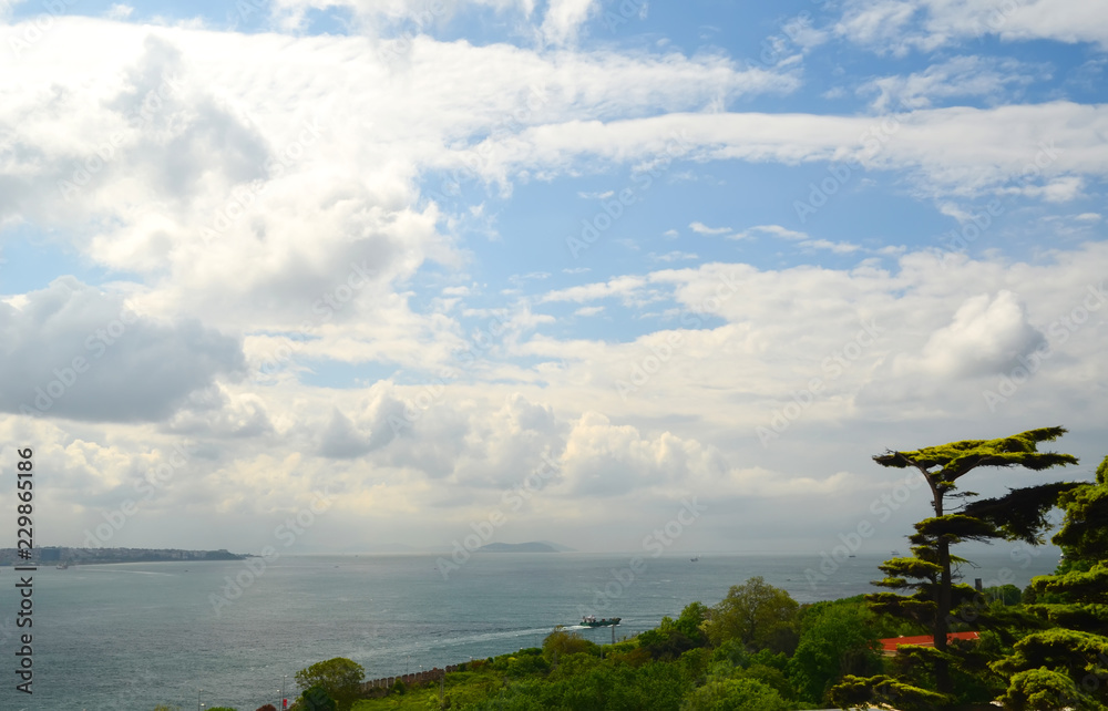 view to the sea of marmara from the Topkapi palace. Beautiful blue sky with white clouds. Istanbul, Turkey