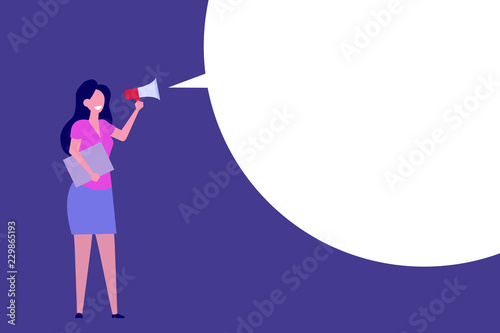 Business woman hold loud speaker or megaphone. Vector flat design illustration.