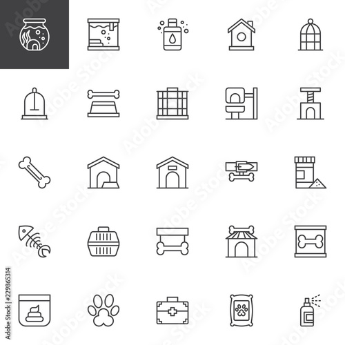 Pet shop outline icons set. linear style symbols collection line signs pack vector graphics. Set includes icons as Aquarium, Bird house, Portable Cage, Cat house, Fish food, Dog Bone, Pet carrier, Paw