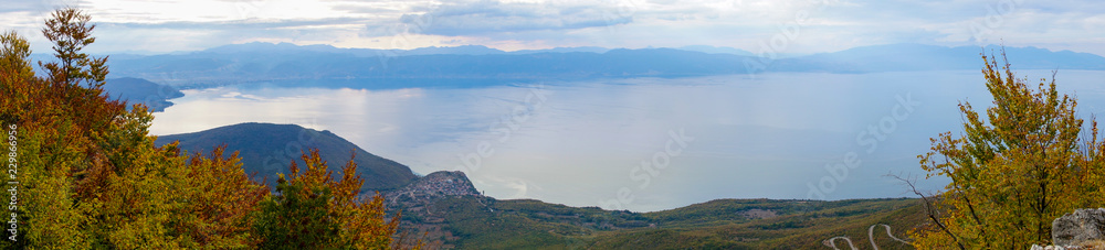 Panorama view with Lake Ohrid at National Park Galicica, Macedonia.