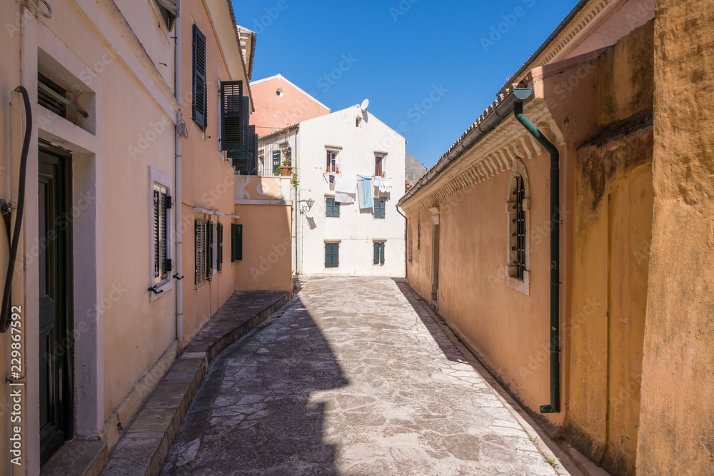 Street in the old town of Corfu island, Greece 