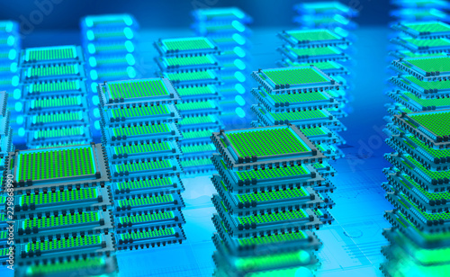 Futuristic Data center. Big Data analytics platform. Quantum processor in the global computer network. 3d illustration of digital cyberspace