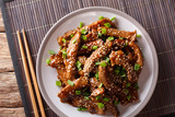 Asian stir-fried beef in teriyaki sauce with sesame and green onions closeup on a plate. horizontal top view