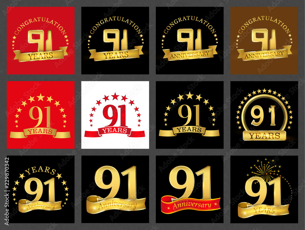 Set of number ninety-one (91 years) celebration design. Anniversary golden number template elements for your birthday party..