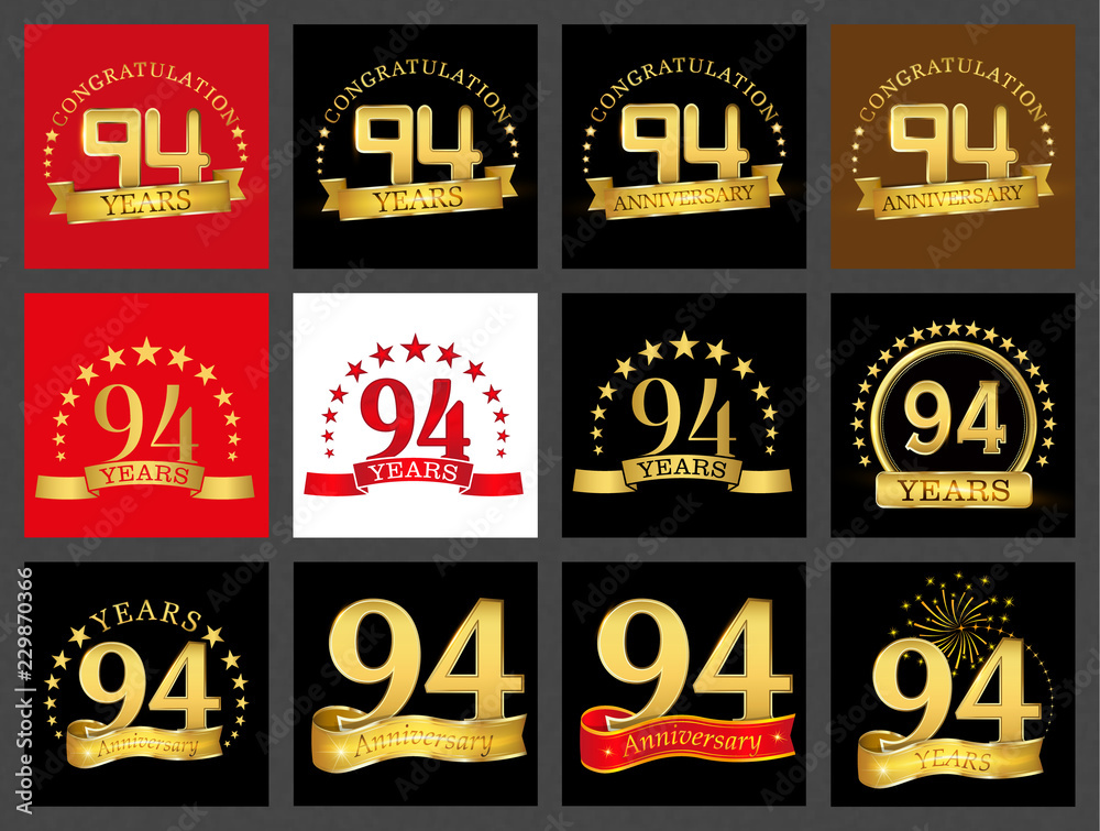 Set of number ninety-four (94 years) celebration design. Anniversary golden number template elements for your birthday party..