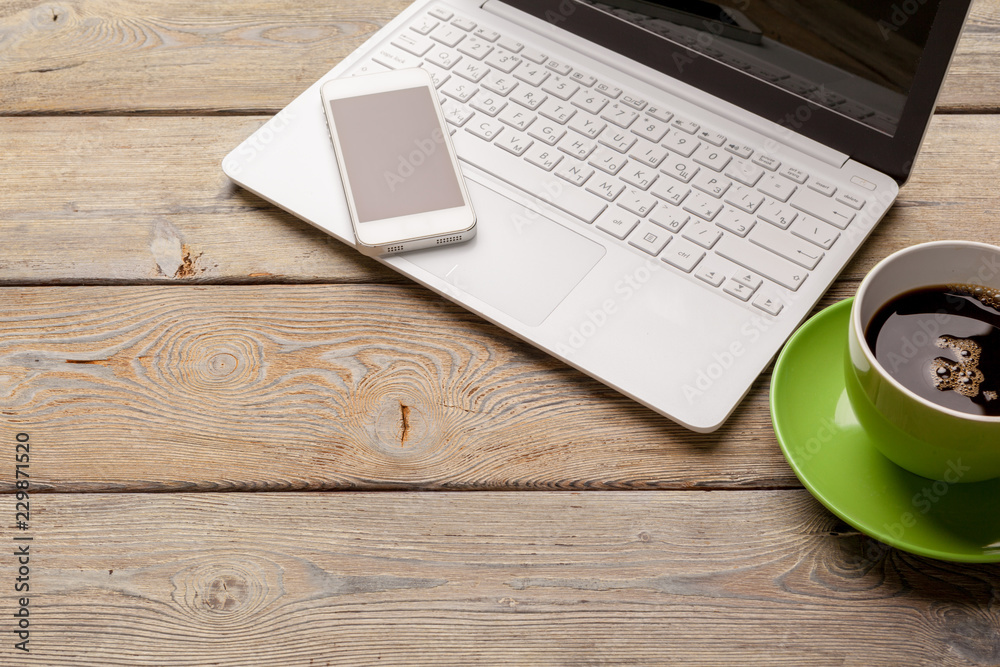 Laptop Coffee Cup Office Concept close up