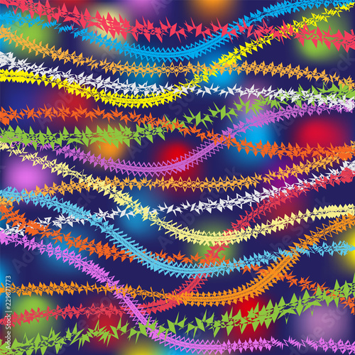 Abstract vector background with colorful garlands on glowing backdrop with rainbow lights