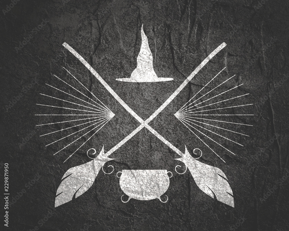 Obraz premium Abstract emblem with Halloween theme. Broomsticks, witch hat and caldron