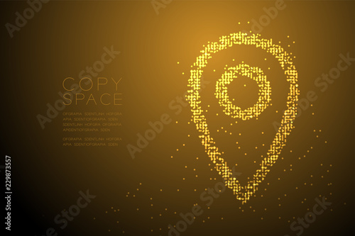 Abstract Geometric Bokeh circle dot pixel pattern GPS navigator icon shape, concept design gold color illustration on brown gradient background with copy space, vector eps 10