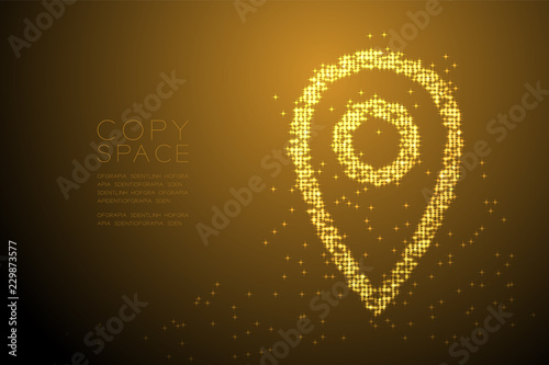 Abstract Shiny Bokeh star pattern GPS navigator icon shape, concept design gold color illustration isolated on brown gradient background with copy space, vector eps 10