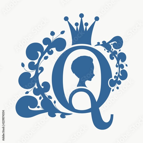 Vintage queen silhouette. Medieval queen profile. Elegant silhouette of a female head. Short hair. Royal emblem with Q letter decorated by floral pattern