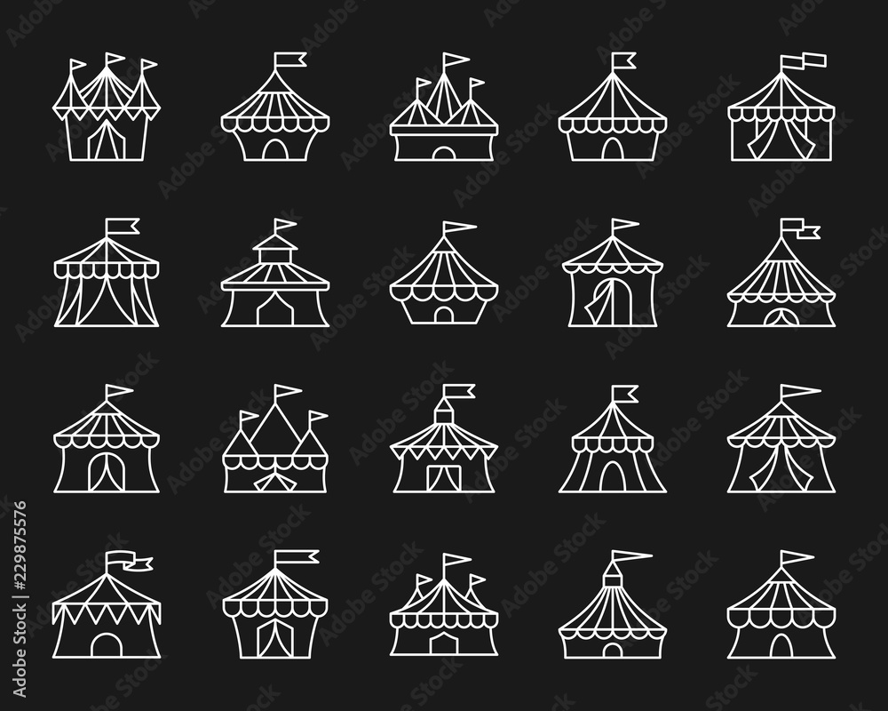 Circus tent simple white line icons vector set