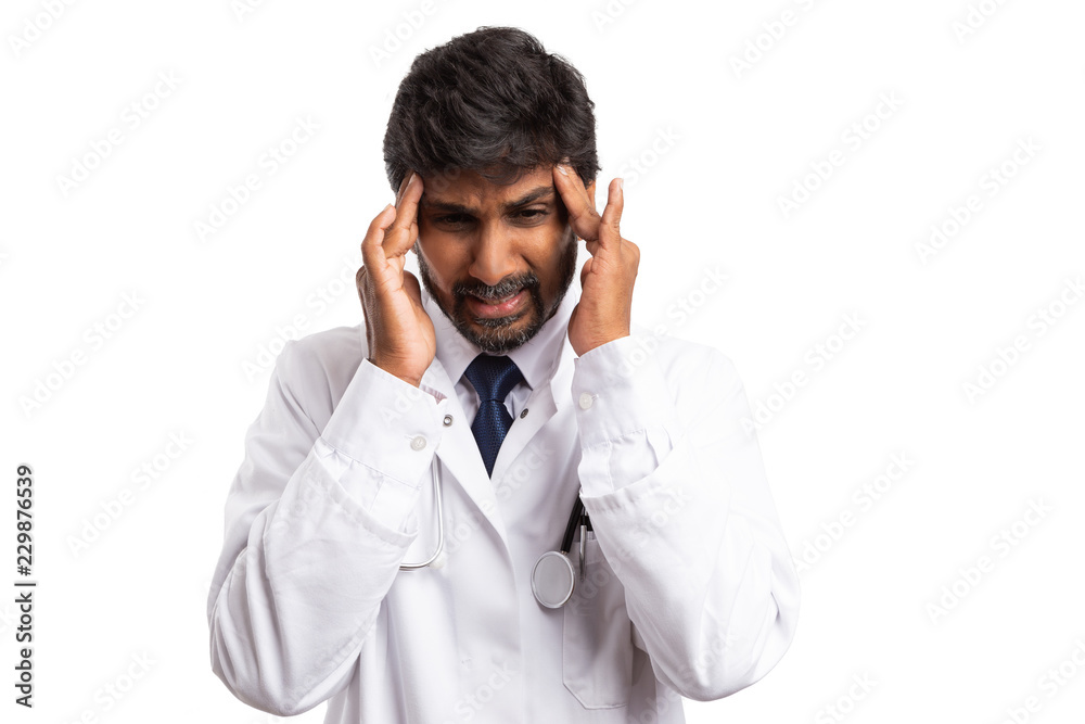Doctor touching forehead as headache gesture. Doctor touching forehead as headache gesture.