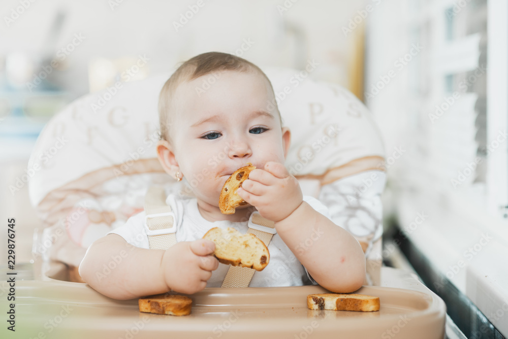 Baby girl eating cracker with raisins in a chair Baby girl eating cracker with raisins in a chair