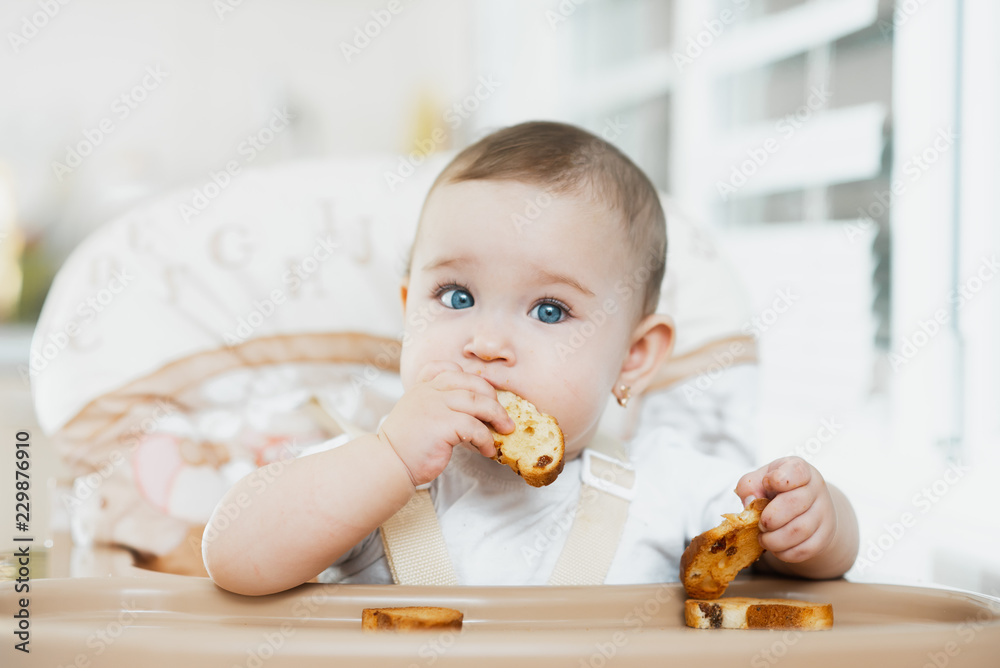 Baby girl eating cracker with raisins in a chair Baby girl eating cracker with raisins in a chair
