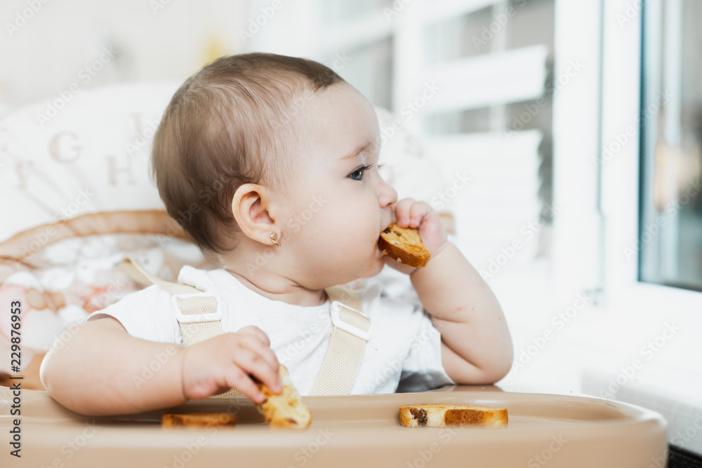 Baby girl eating cracker with raisins in a chair Baby girl eating cracker with raisins in a chair