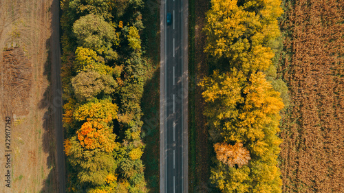 Aerial view of the new road in Ukraine. Autumn. Road marking. © viacheslav