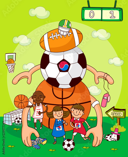 Two boys with a girl standing in front of balls of different games