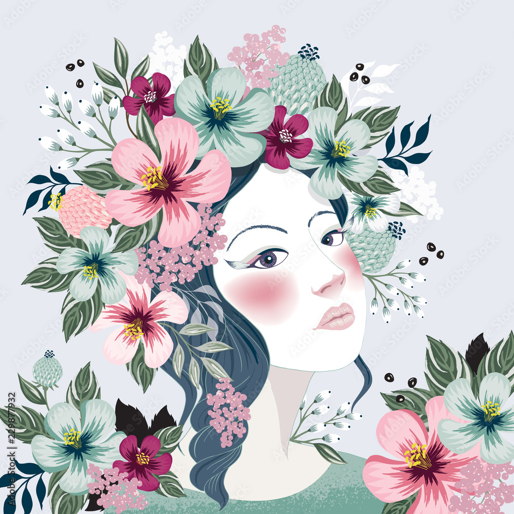 Vector illustration of a girl with floral headdress in spring for Wedding, anniversary, birthday and party. Design for banner, poster, card, invitation and scrapbook Vector illustration of a girl with floral headdress in spring for Wedding, anniversary, birthday and party. Design for banner, poster, card, invitation and scrapbook
