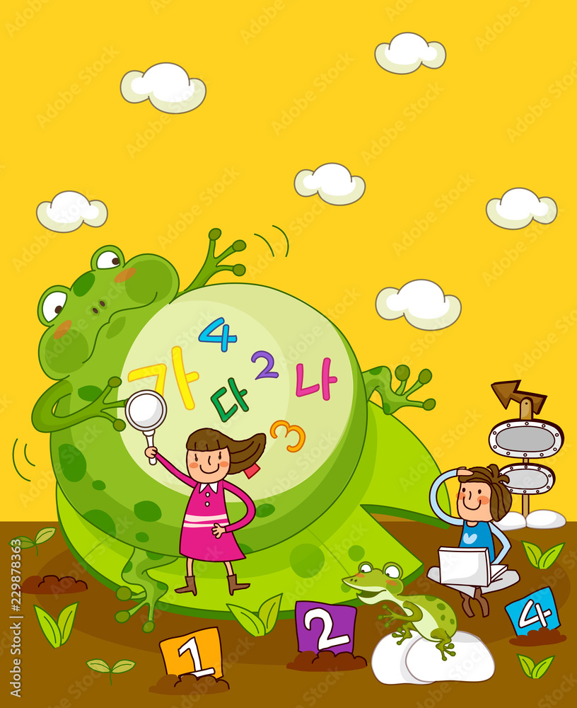 Fototapeta Girl holding a magnifying glass with another girl using a laptop near a giant frog