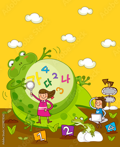 Girl holding a magnifying glass with another girl using a laptop near a giant frog