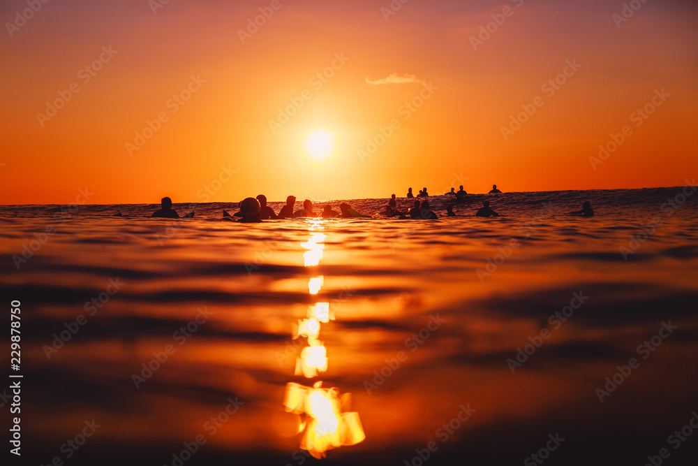 Fotografie Surfers on line up at sunset