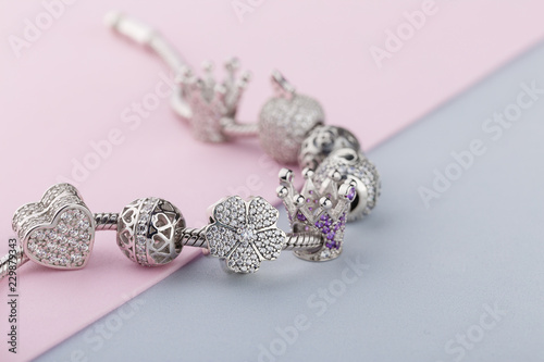 Bracelet with silver charm beads with gems