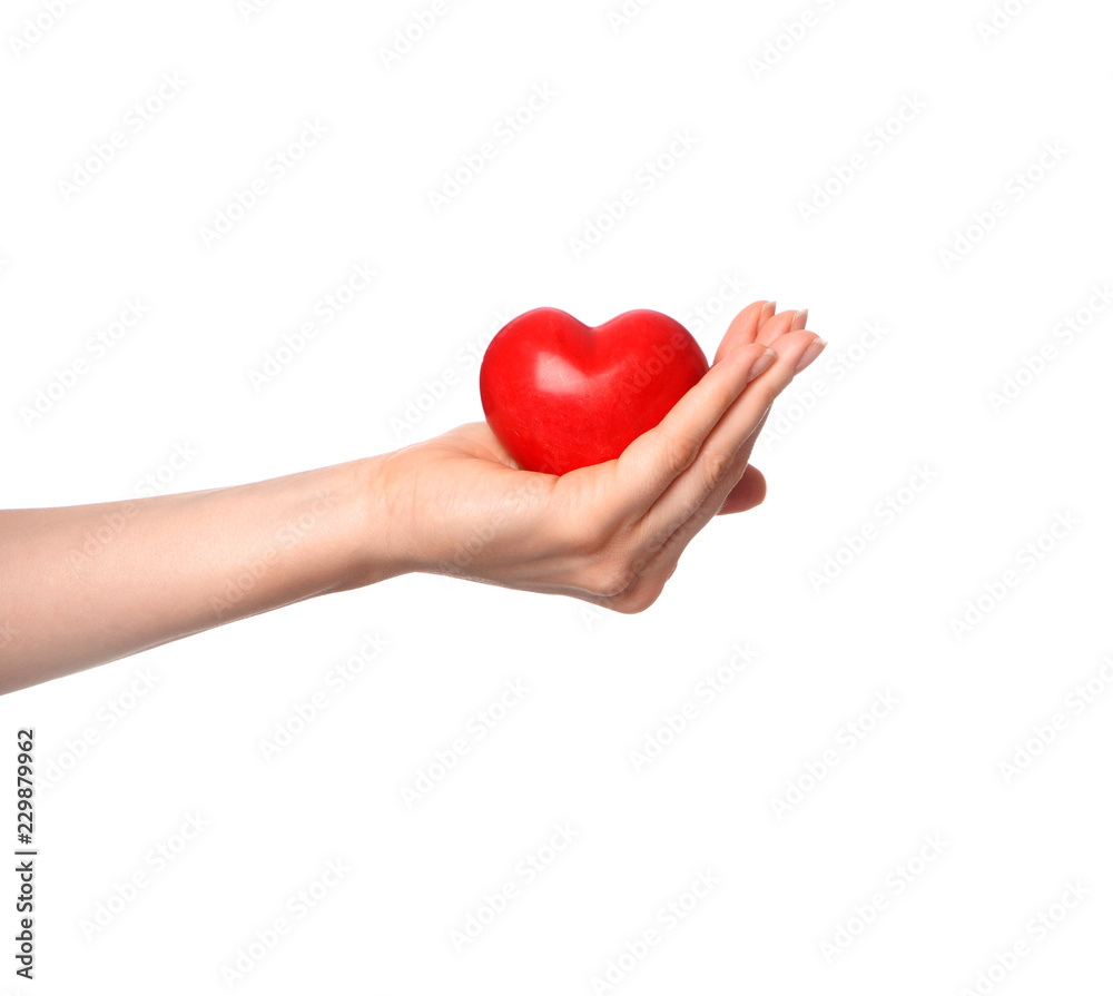 Woman holding red heart on white background Woman holding red heart on white background